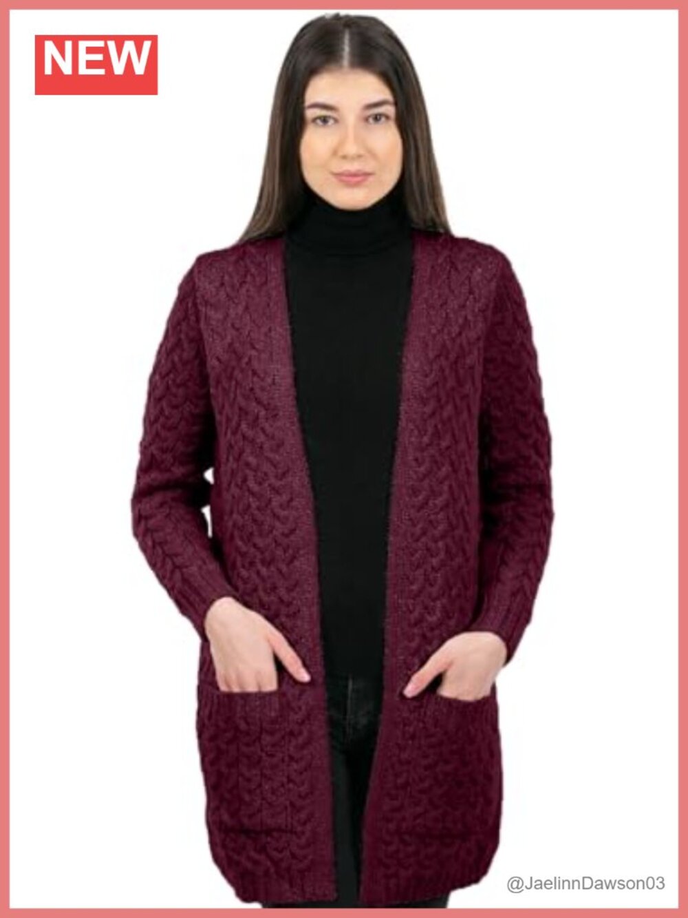 Merino Wool Aran Cable Knit Open Front Cardigan with Pockets